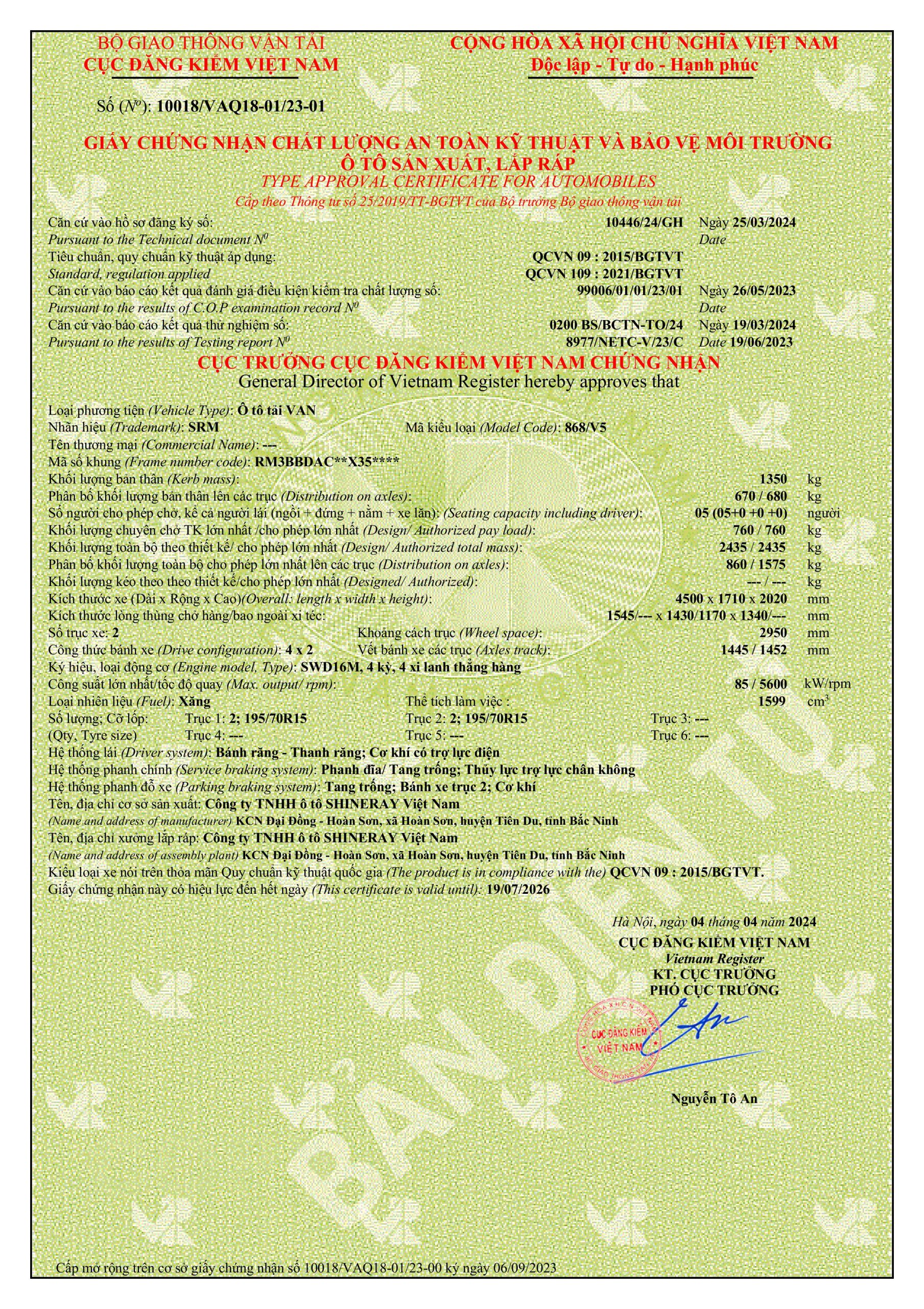 Thông số kỹ thuật xe tải Van SRM 868 5 chỗ