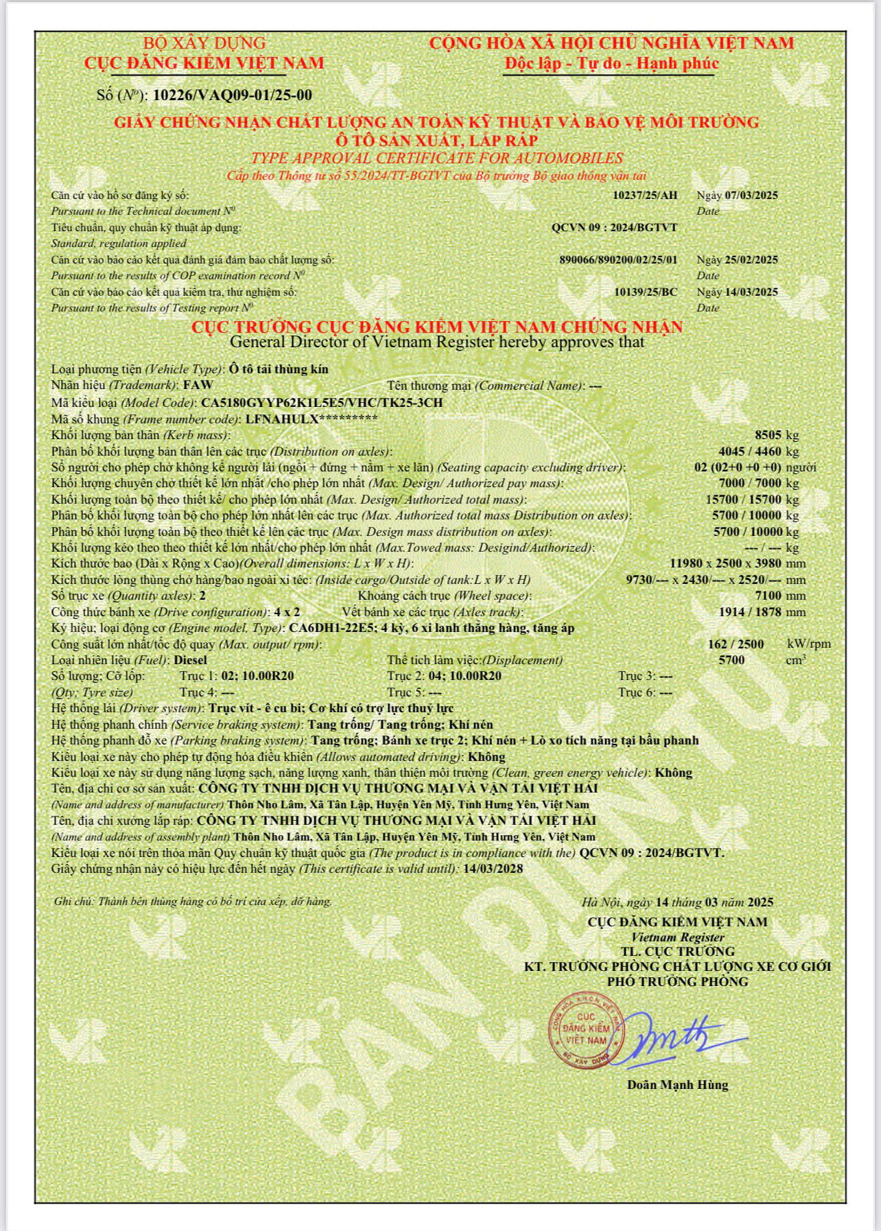 Phiếu thông số kỹ thuật xe tải Faw 7 tần thùng kín