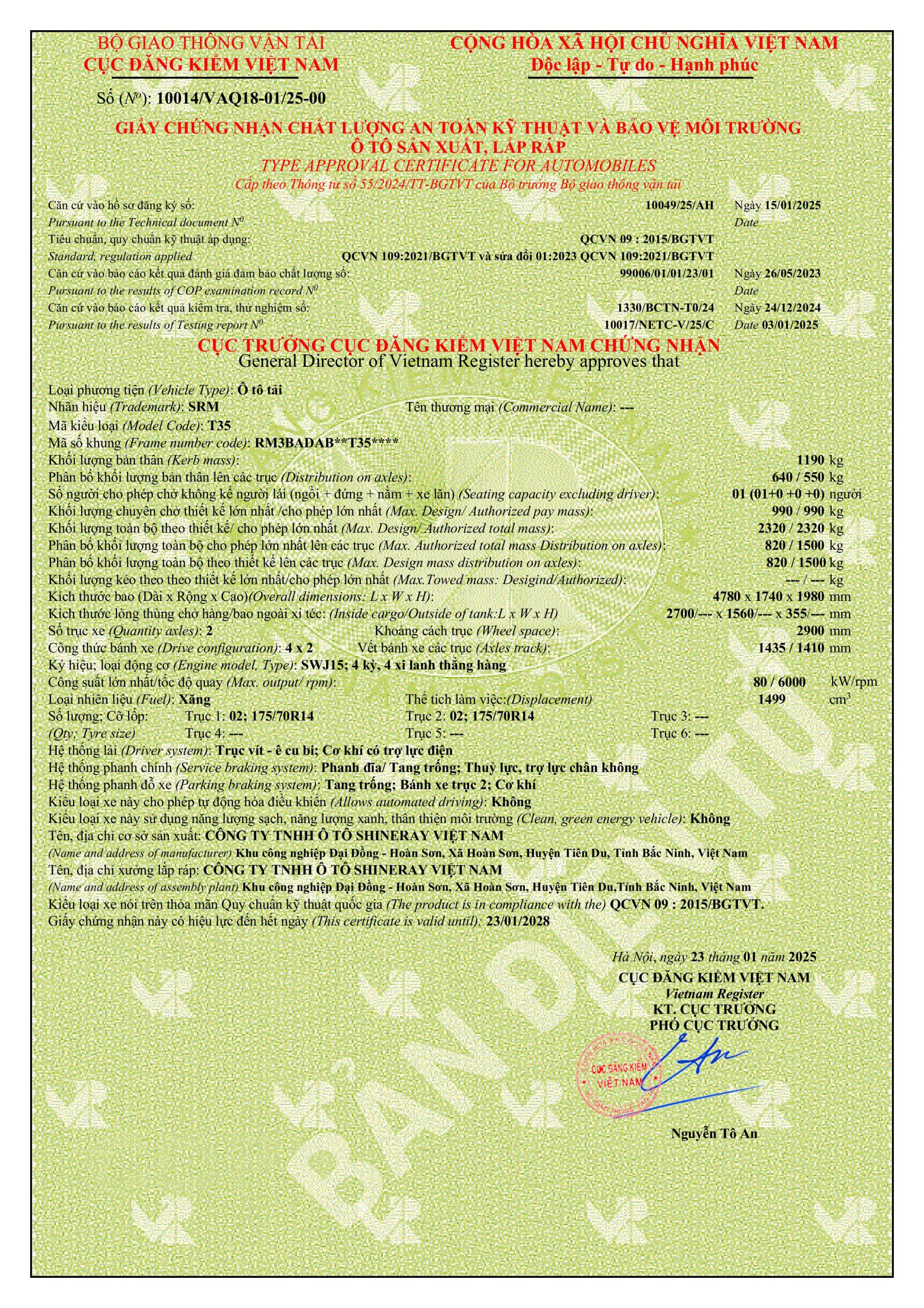 Phiếu thông số kỹ thuật xe tải SRM T35 thùng lửng