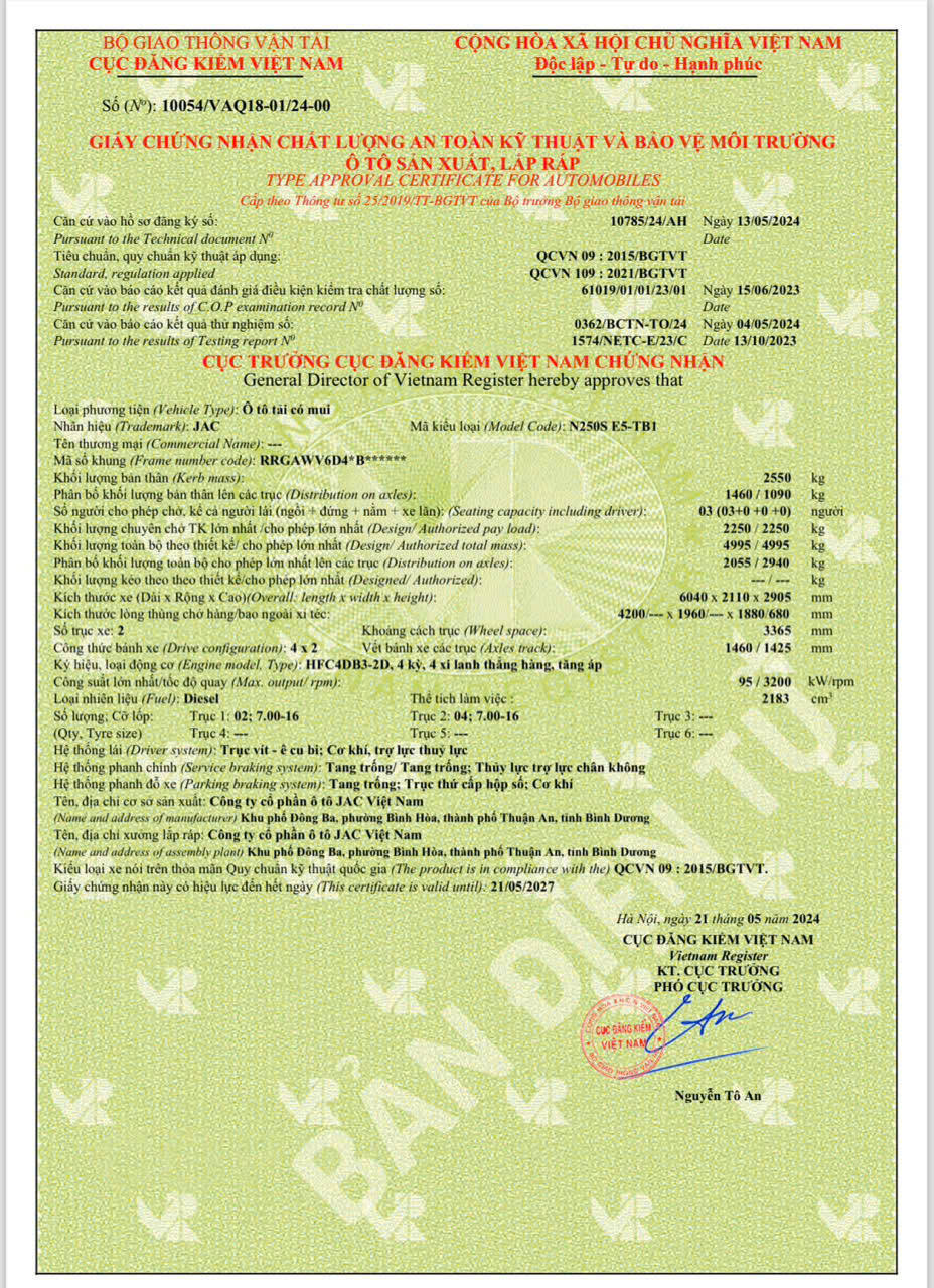 Phiếu thông số kỹ thuật xe tải JAC N250s E5