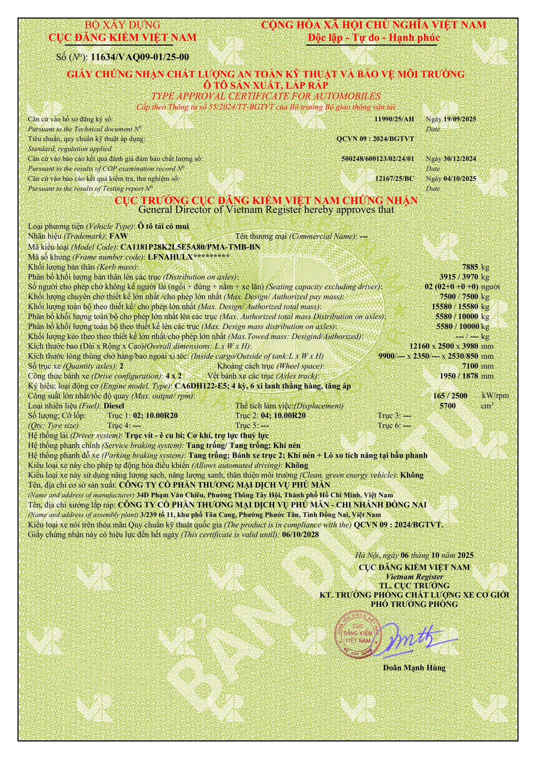 Thông số kỹ thuật xe tải Faw JK6 thùng bạt 7t5