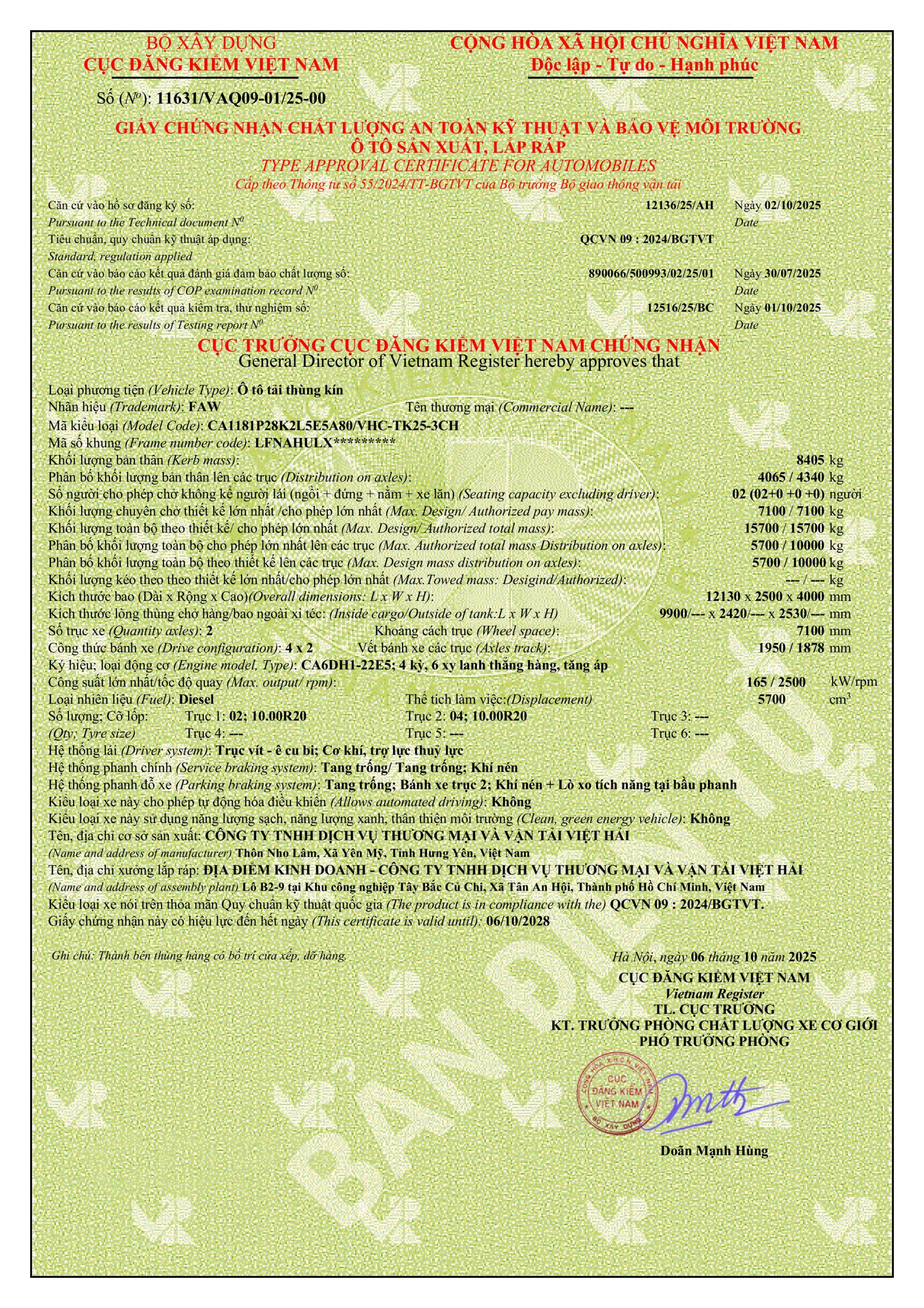 Phiếu thông số kỹ thuật xe tải FAW JK6 thùng kín 3 cửa hông