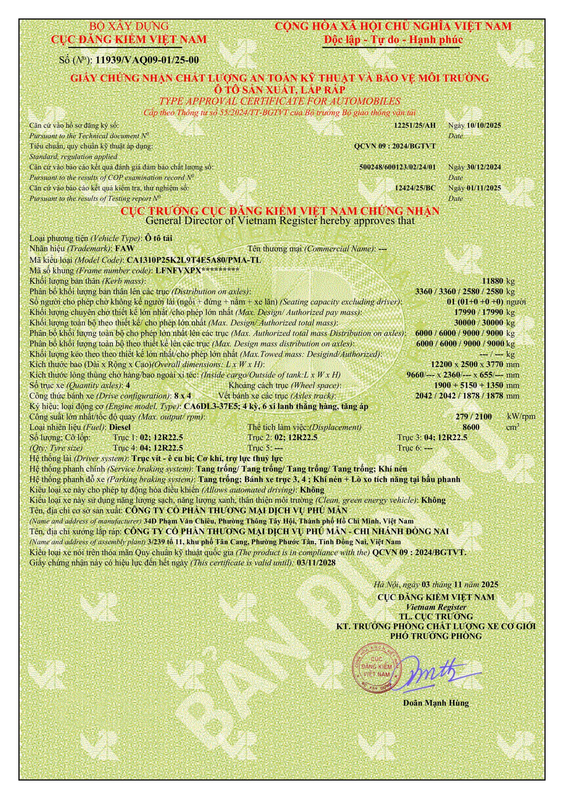 Phiếu thông số kỹ thuật xe tải FAW JH6 17990kg thùng lửng