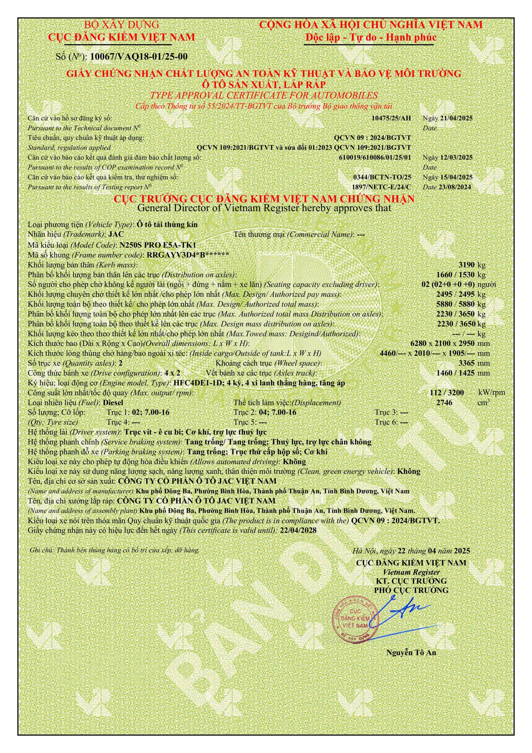 Phiếu thông số kỹ thuật xe tải JAC N250s PRO thùng kín