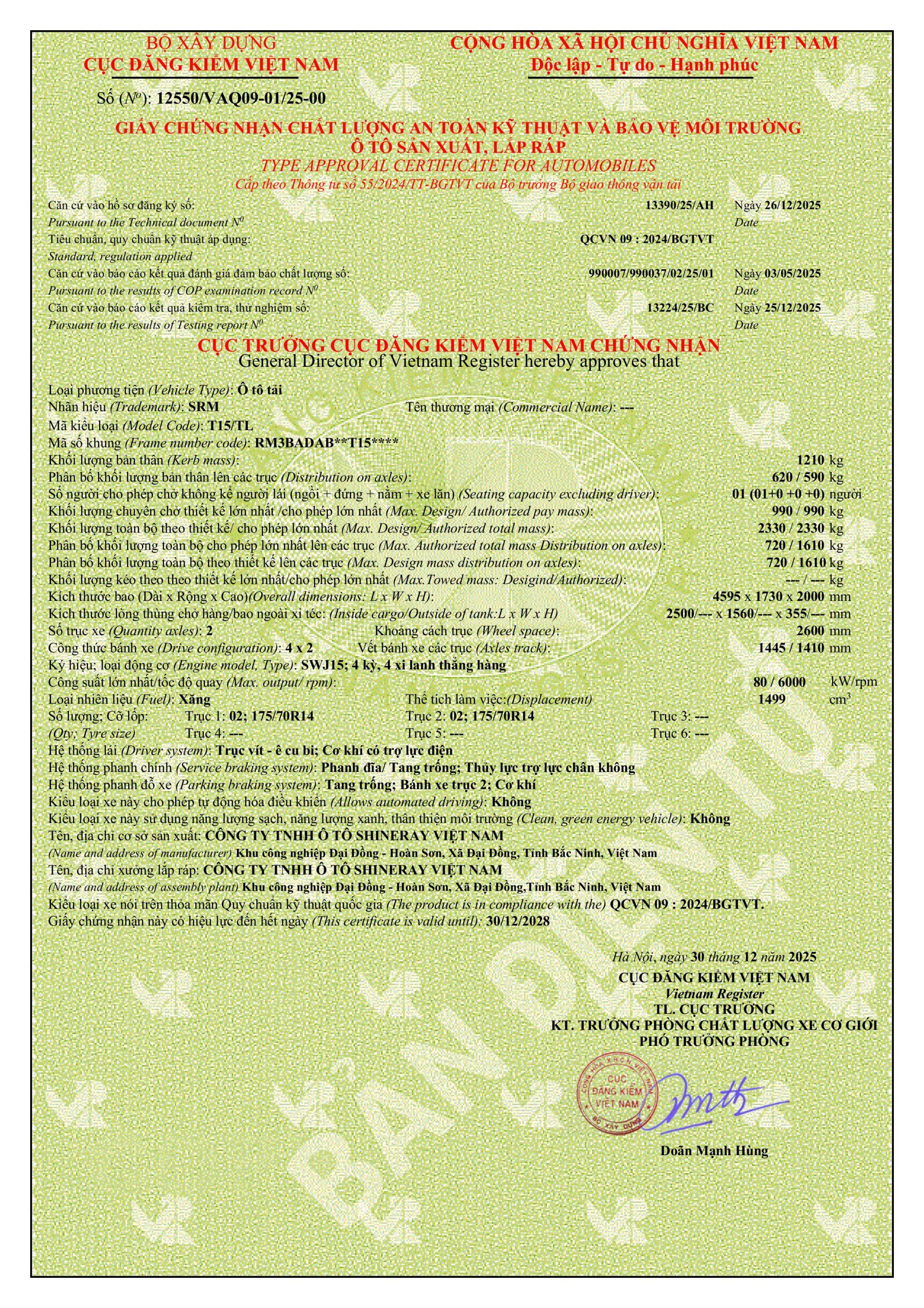 Phiếu thông số xe tải SRM T15 thùng lửng
