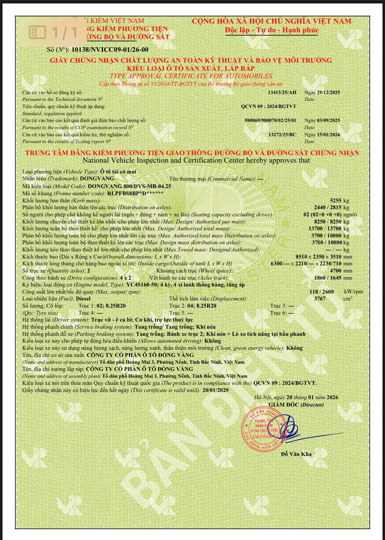 Phiếu thông số kỹ thuật xe tải Đồng Vàng 800 thùng bạt