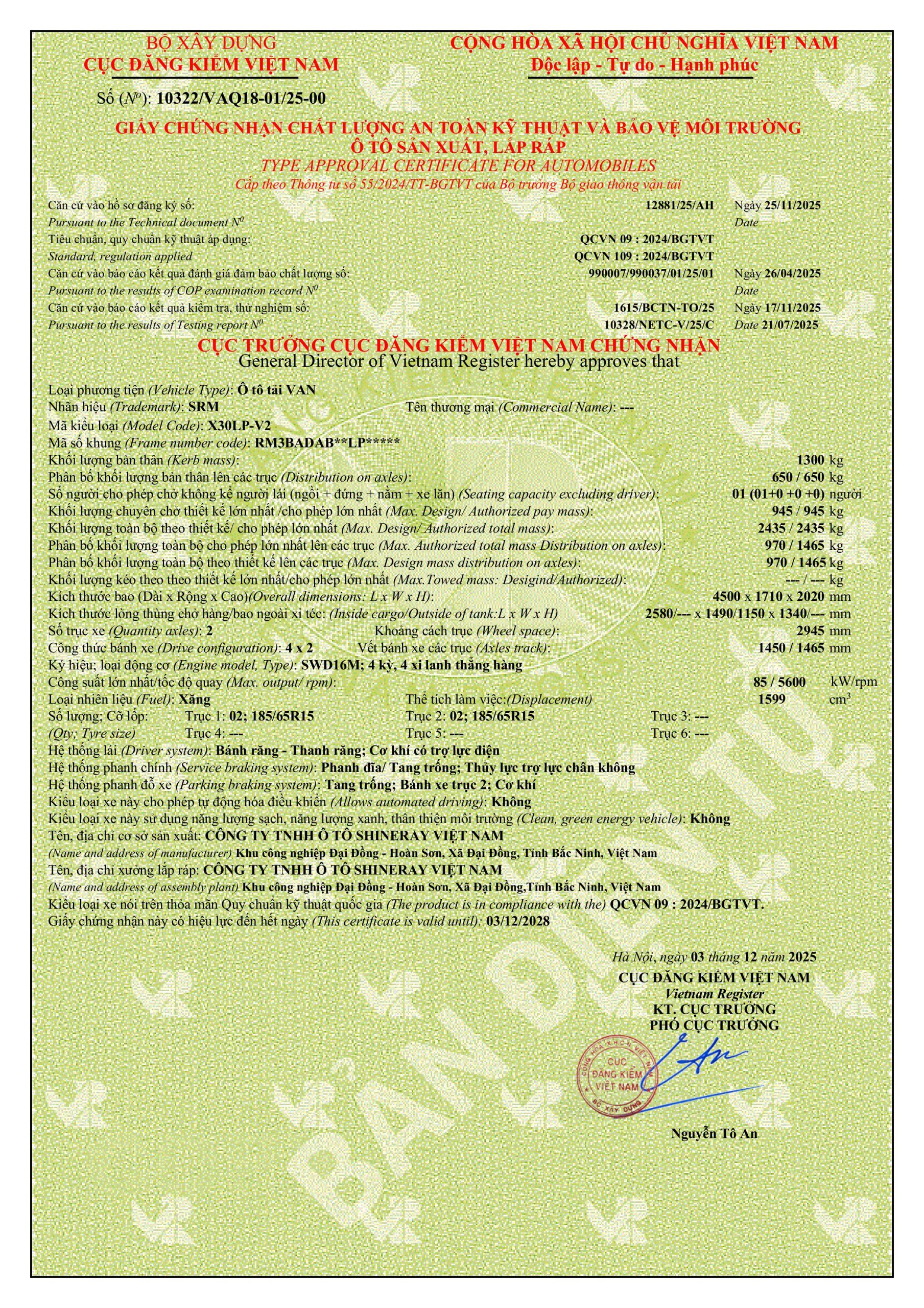 Phiếu thông số kỹ thuật xe tải Van SRM X30LP 2 chỗ