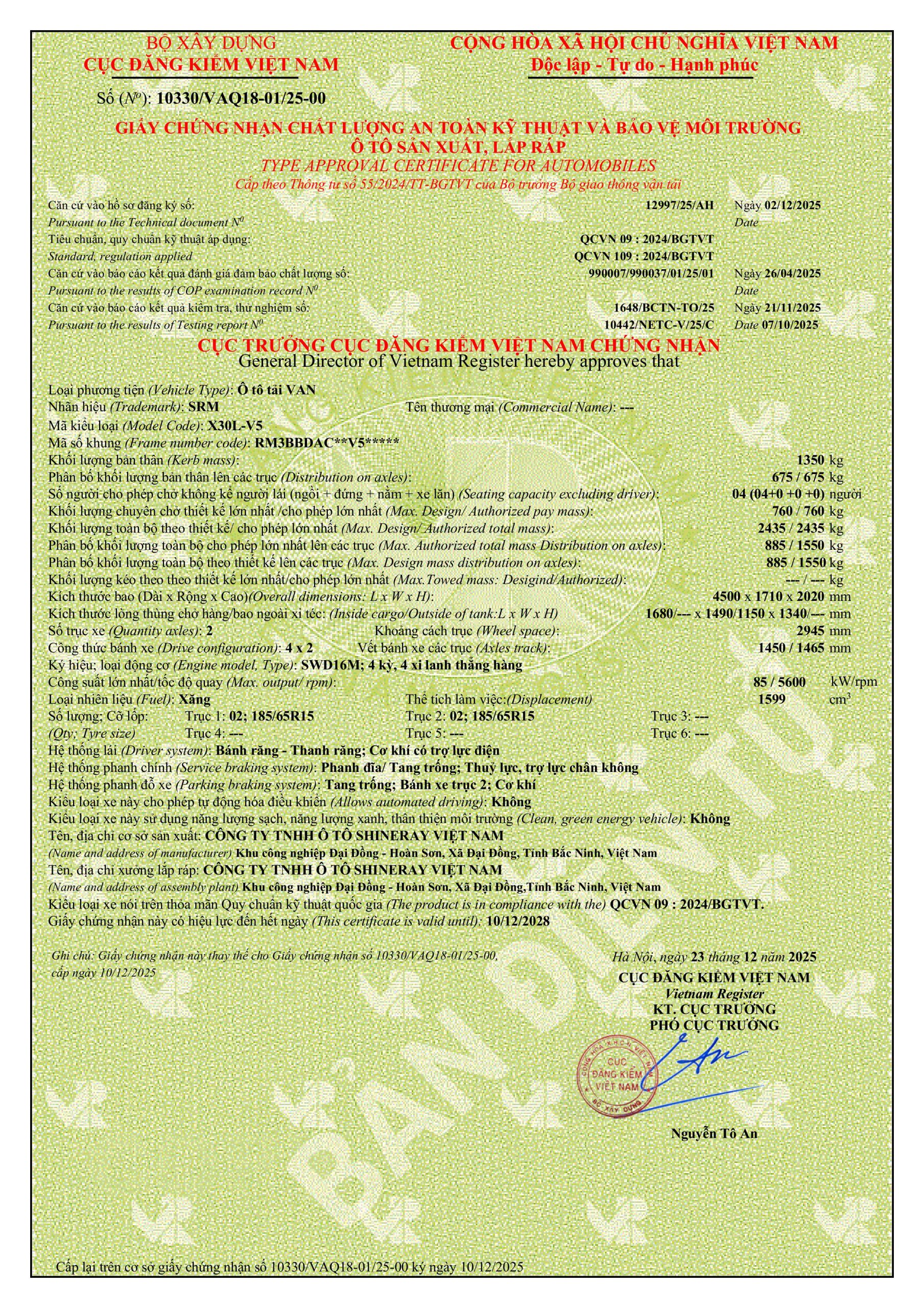 Phiếu thông số kỹ thuật xe tải SRM X30L v5