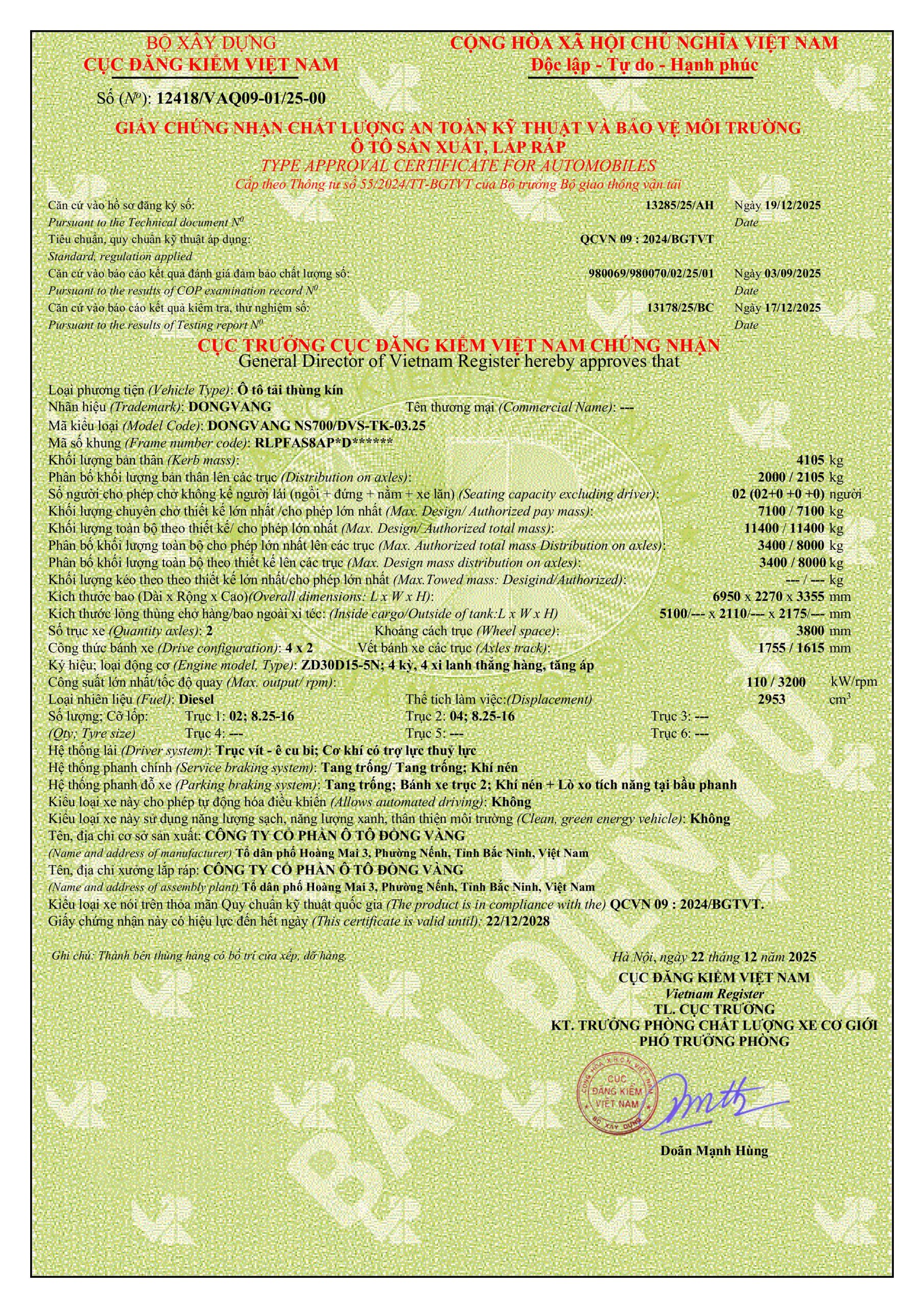 Phiếu thông số xe tải Đồng Vàng NS700 thùng kín