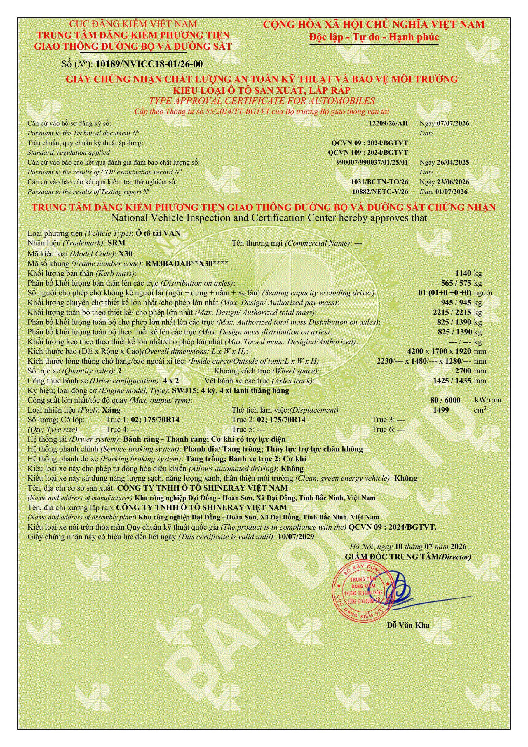 Phiếu thông số kỹ thuật xe tải van SRM X30 2 chỗ