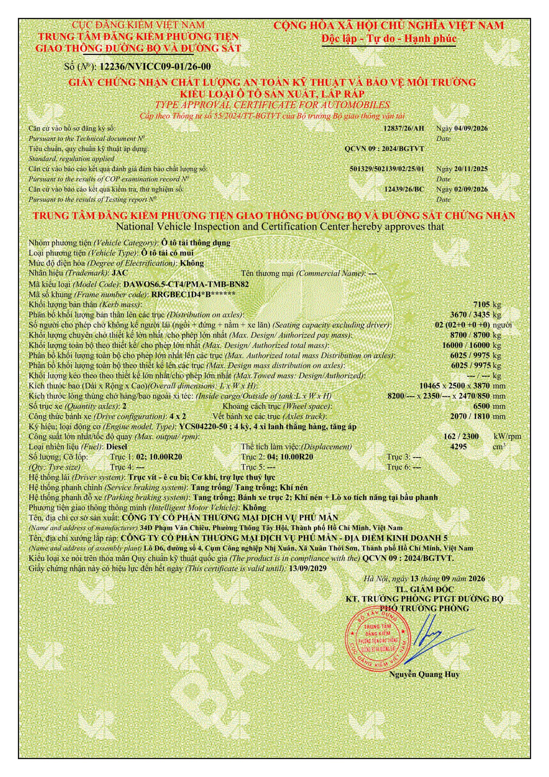Phiếu thông số kỹ thuật xe tải JAC DAWOS thùng bạt bửng nhôm