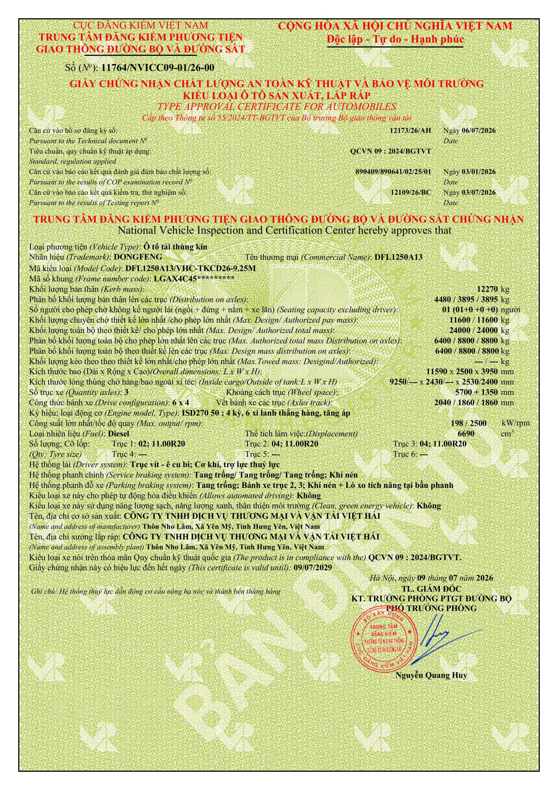 Phiếu thông số xe tải Dongfeng VL270 thùng cánh dơi