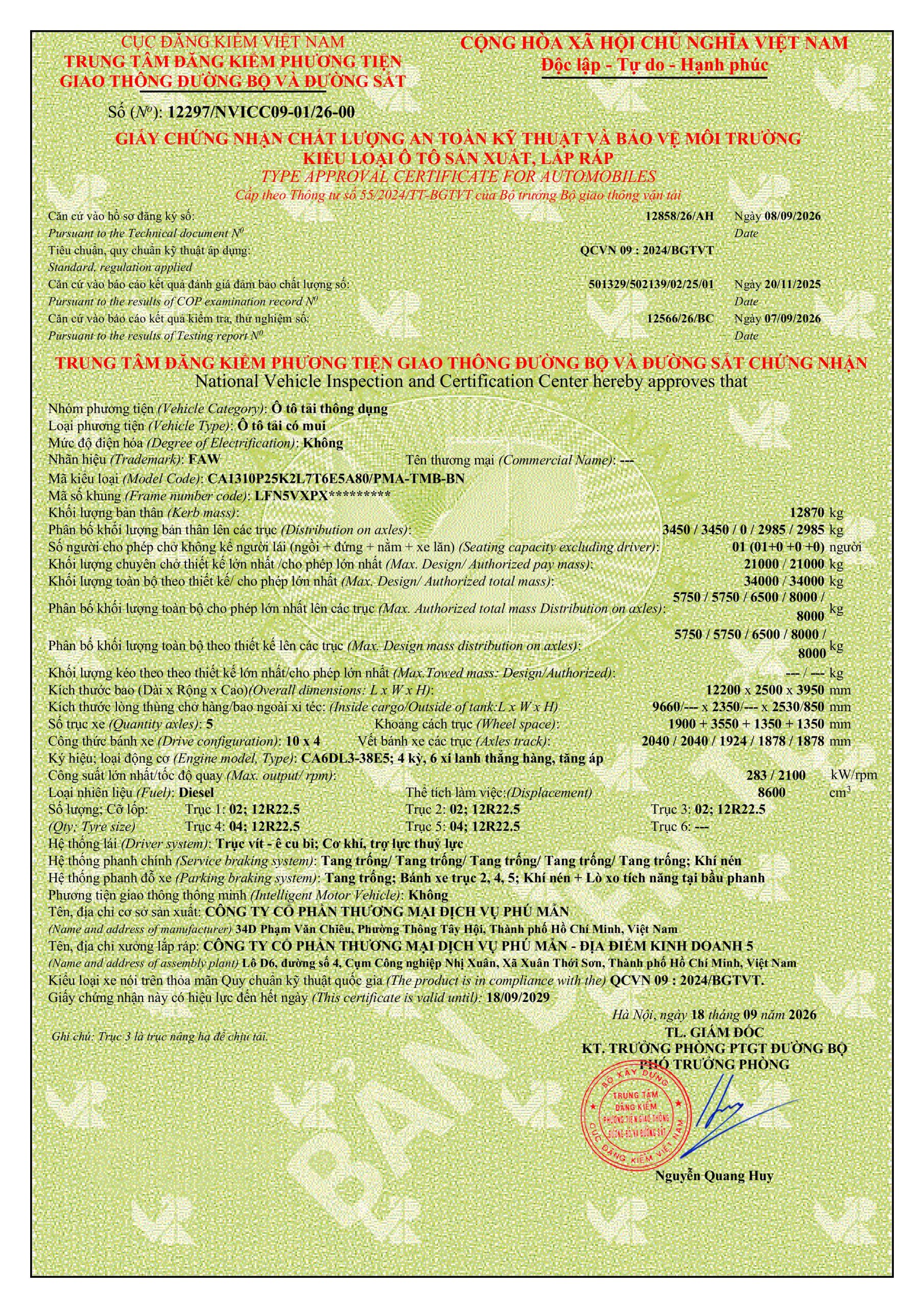 Phiếu thông số xe tải FAW JH6 thùng bạt bửng nhôm