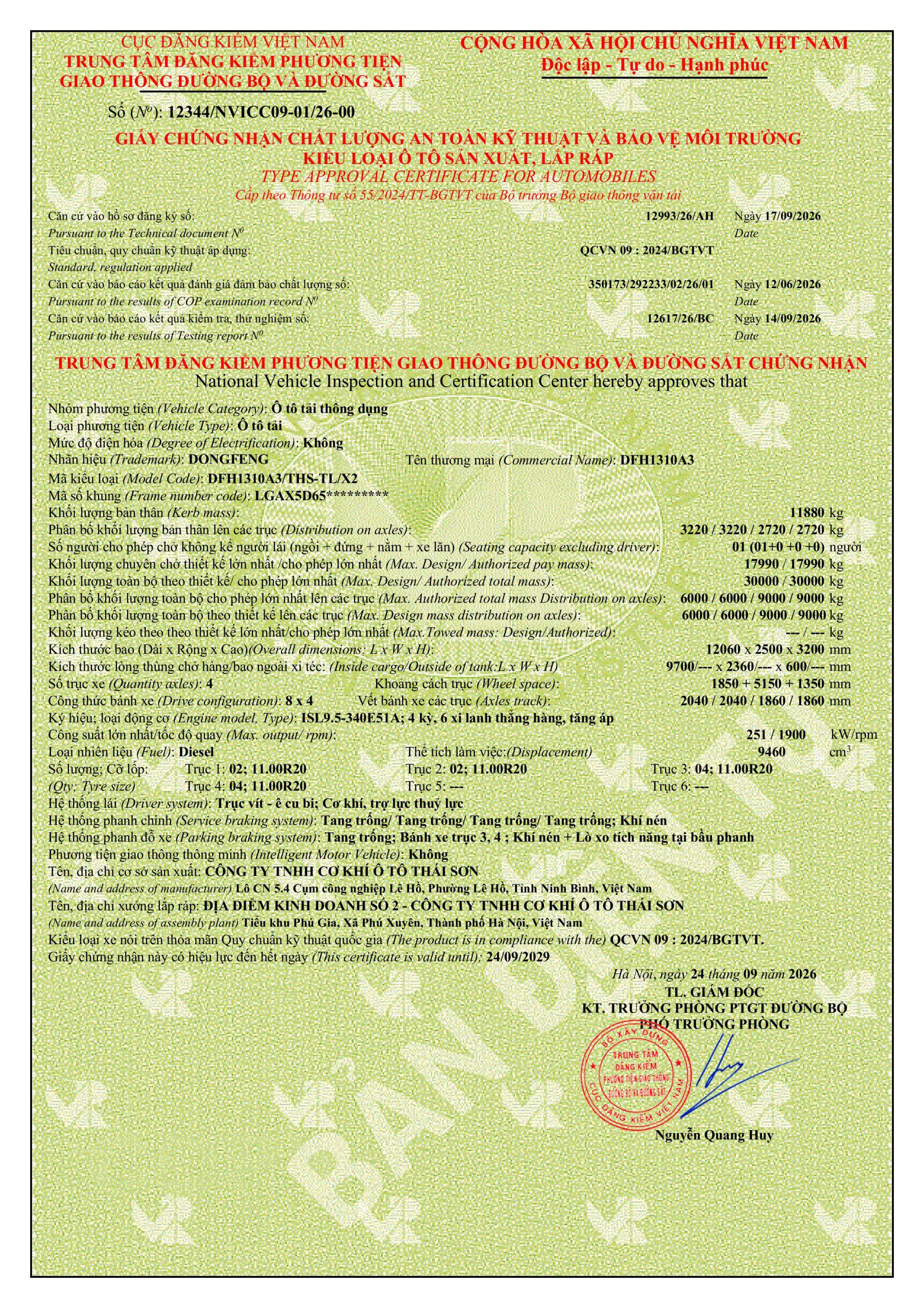 Phiếu thông số kỹ thuật xe tải Dongfeng KL340 thùng lửng đầu thấp