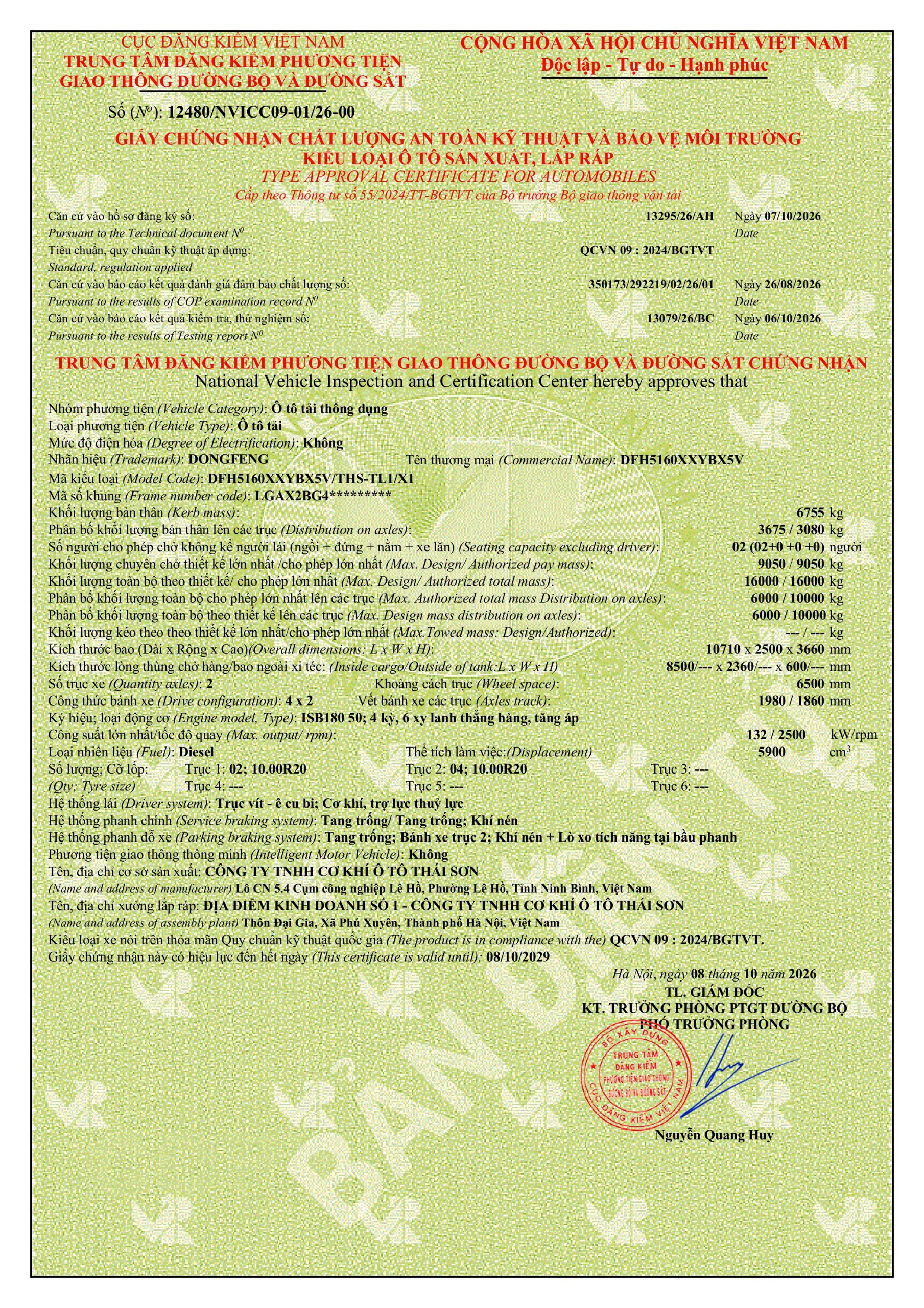 Phiếu thông số kỹ thuật xe tải Dongfeng KR180 thùng lửng 8m5